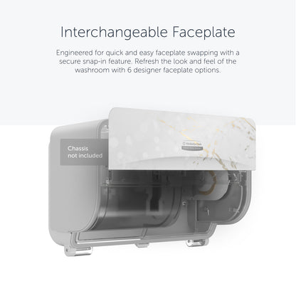 A Kimberly-Clark GmbH Icon™ Dispenser Faceplate-SRBH in a marble pattern is partially shown as transparent, highlighting the durable, interchangeable snap-in design (32.39x10.80x3.18 cm). Chassis not included.