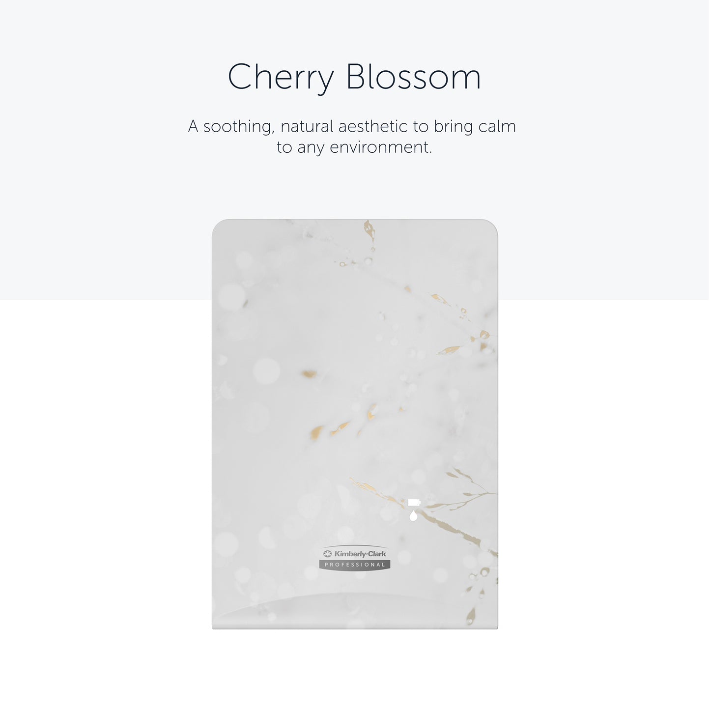 The rectangular Kimberly-Clark Professional™ Icon™ Dispenser Faceplate-eSkinCare (20.32 x 27.30 x 3.81 cm) from Kimberly-Clark GmbH features a white-light gray marbled design with gold accents, giving any washroom a soothing, elegant touch.