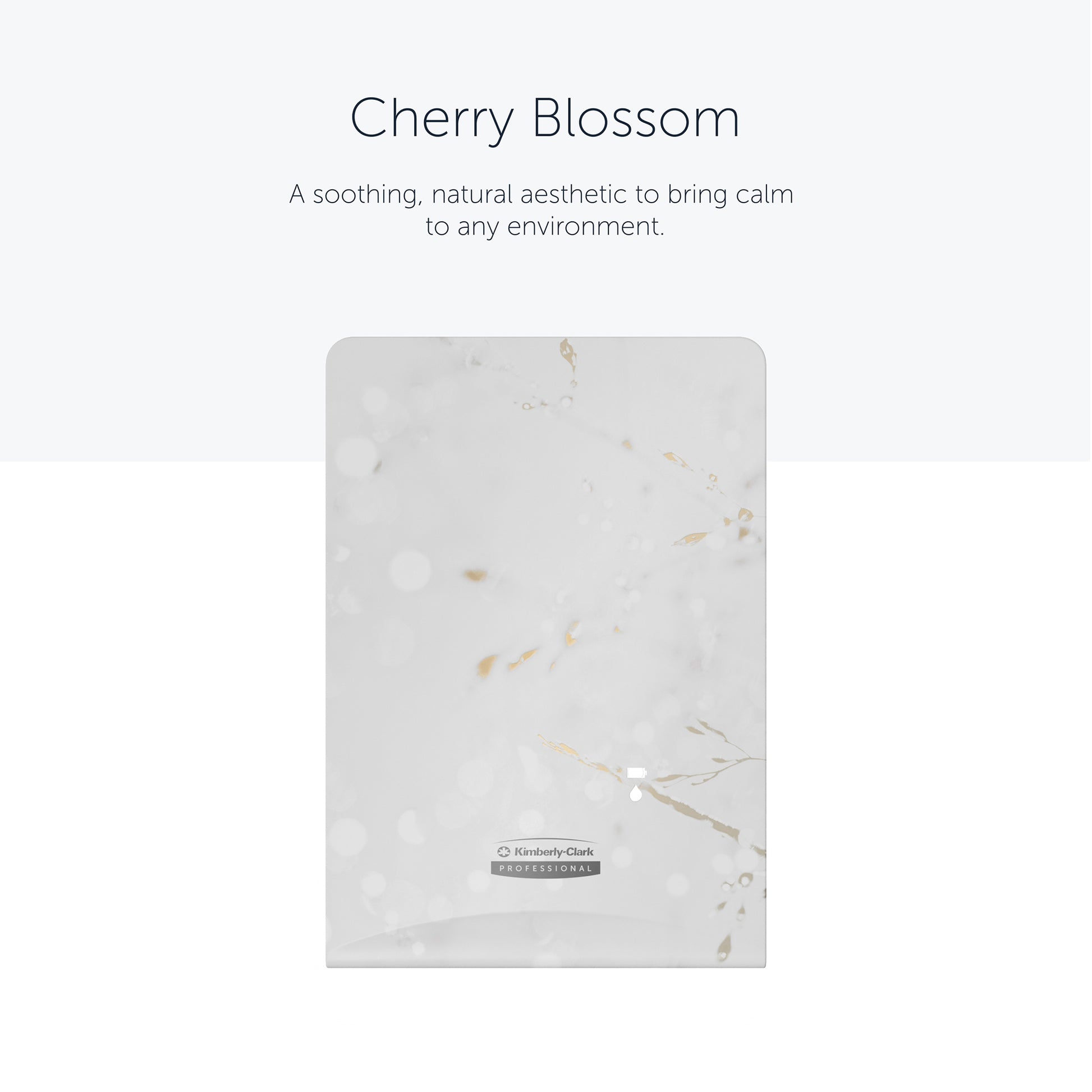 The rectangular Kimberly-Clark Professional™ Icon™ Dispenser Faceplate-eSkinCare (20.32 x 27.30 x 3.81 cm) from Kimberly-Clark GmbH features a white-light gray marbled design with gold accents, giving any washroom a soothing, elegant touch.