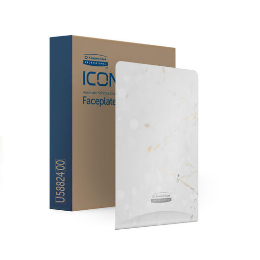 A white marbled Kimberly-Clark Professional™ Icon™ Dispenser Faceplate (eSkinCare, 20.32 x 27.30 x 3.81 cm) stands upright in front of a branded box. Ideal as washroom accessories; product code U5882400 from Kimberly-Clark GmbH.