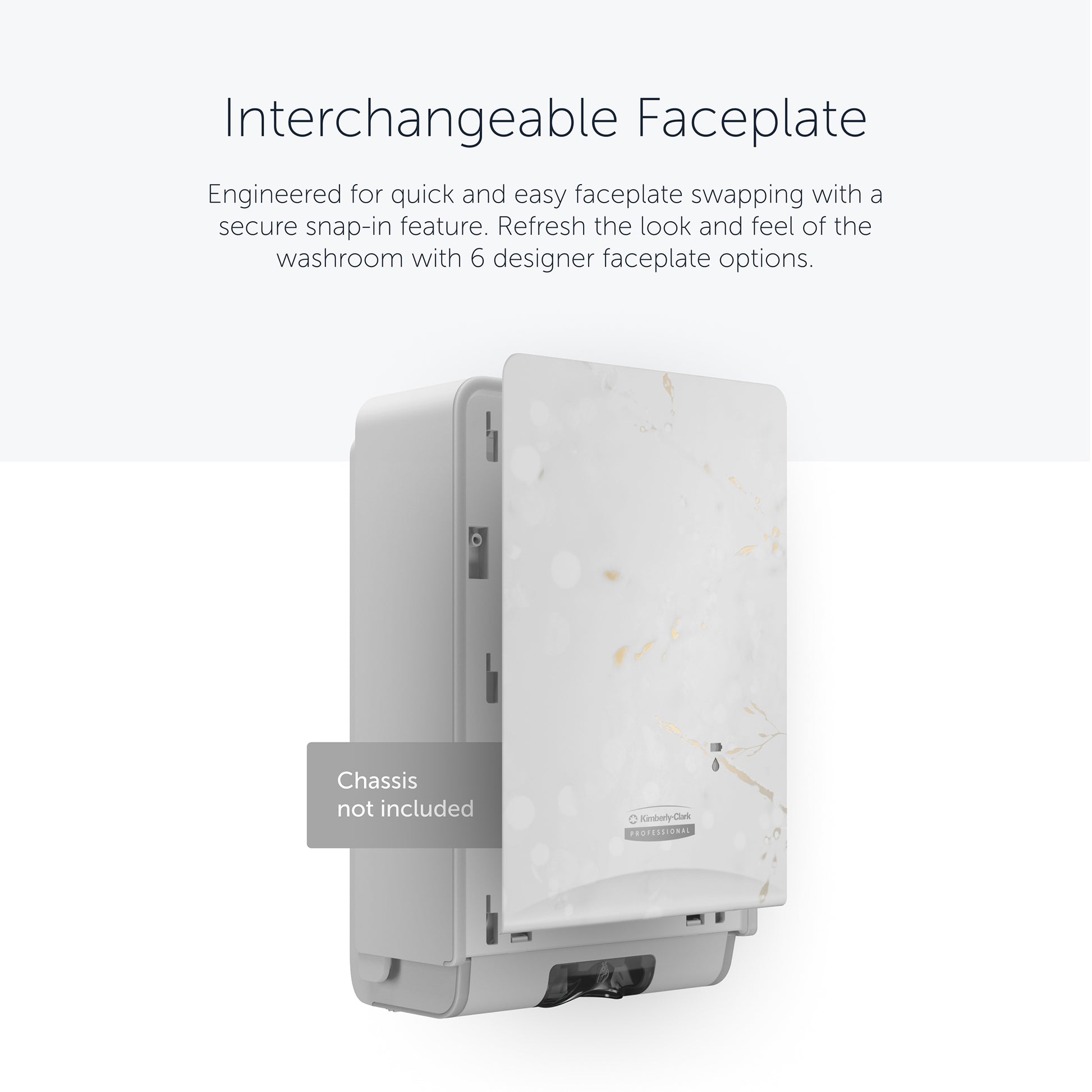 The Kimberly-Clark Professional™ Icon™ Dispenser Faceplate - eSkinCare (20.32 x 27.30 x 3.81 cm) from Kimberly-Clark GmbH features a marble pattern and easy switching between six design options, enhancing your washroom accessories. Chassis not included.