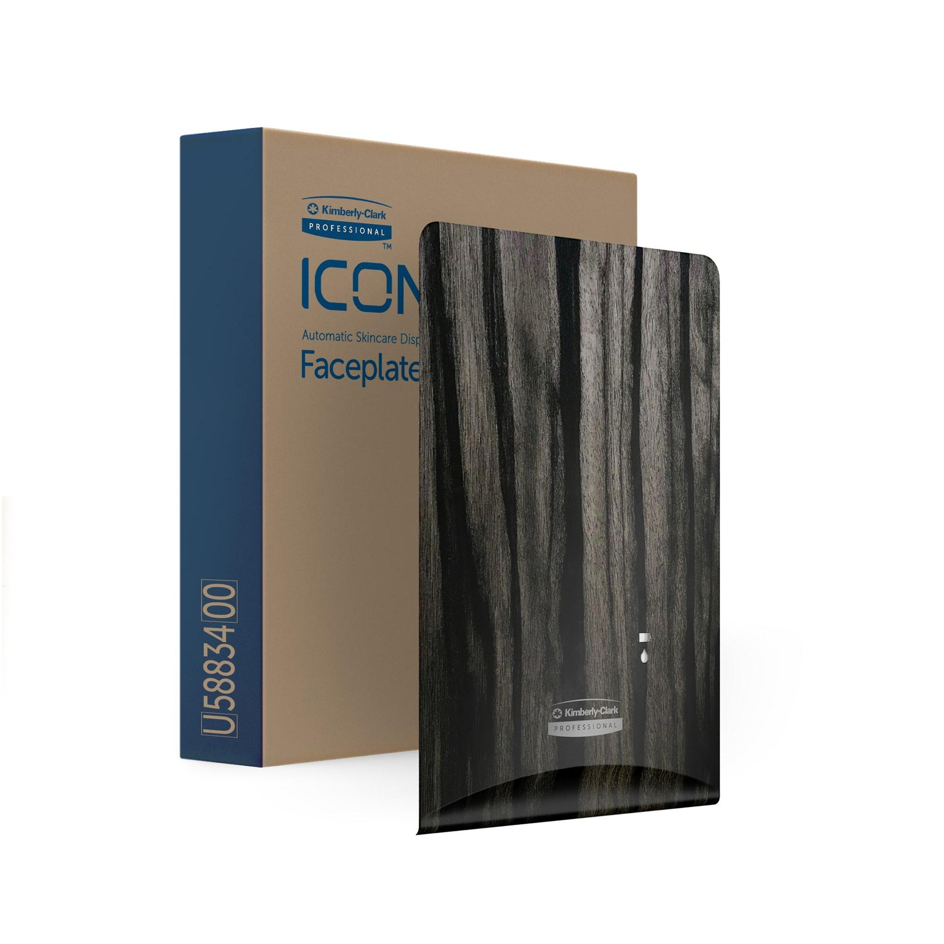 A packaged Kimberly-Clark Professional™ Icon™ dispenser faceplate - eSkinCare sits next to a black eSkinCare cover with wood grain, highlighting the stylish washroom accessories of Kimberly-Clark GmbH for modern facilities.