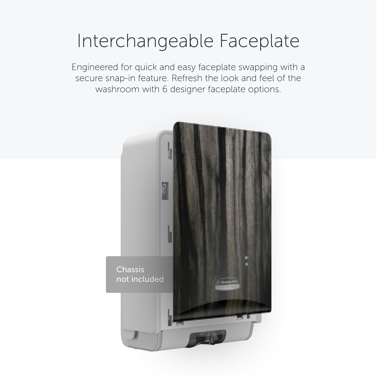 Pictured is a Kimberly-Clark Professional™ Icon™ Dispenser Faceplate (eSkinCare, 20.32 cm x 27.30 cm x 3.81 cm) from Kimberly-Clark GmbH with dark wood grain. The label reads "Chassis not included." Quick faceplate changes allow for easy restroom customization.