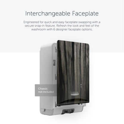 Pictured is a Kimberly-Clark Professional™ Icon™ Dispenser Faceplate (eSkinCare, 20.32 cm x 27.30 cm x 3.81 cm) from Kimberly-Clark GmbH with dark wood grain. The label reads "Chassis not included." Quick faceplate changes allow for easy restroom customization.