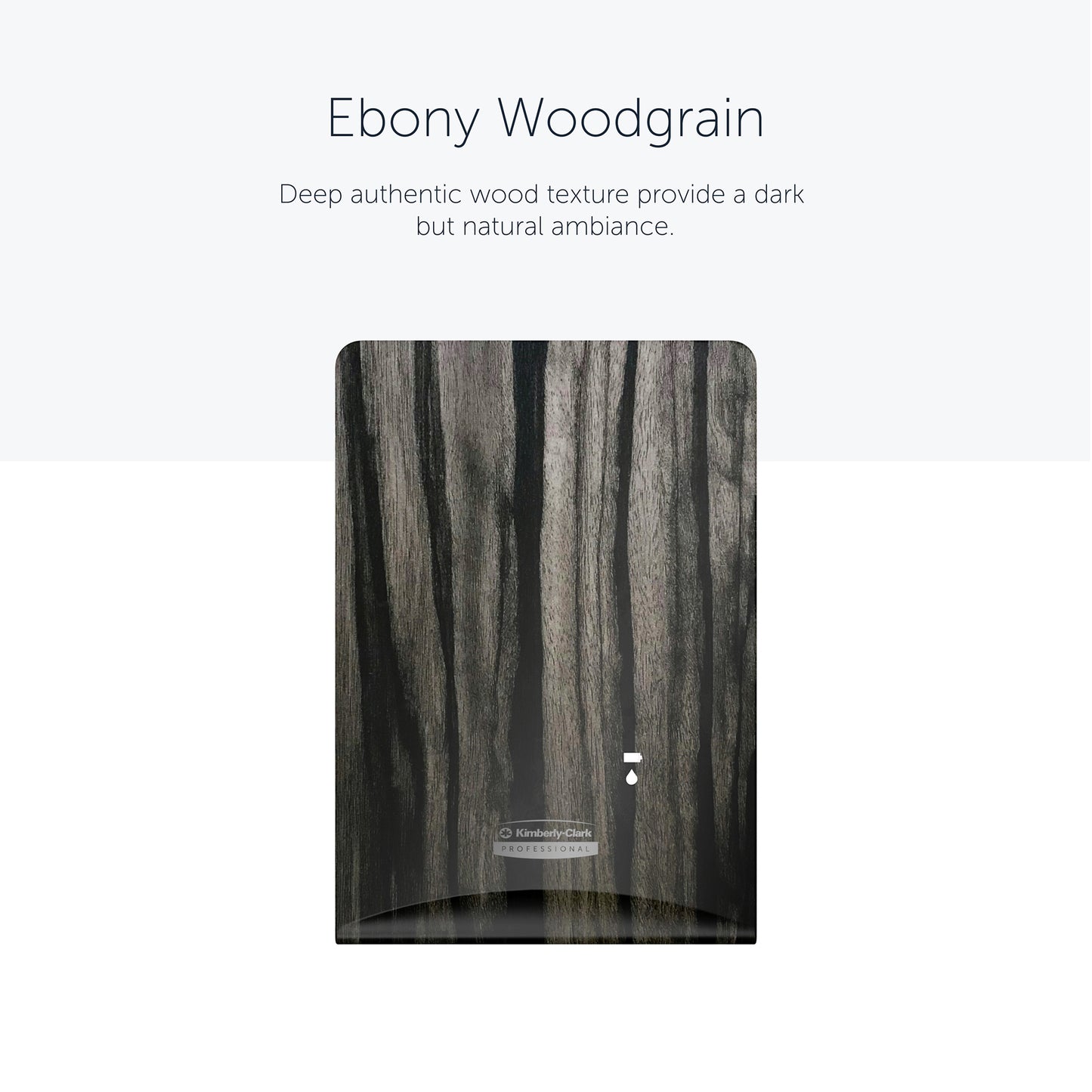 The Kimberly-Clark Professional™ Icon™ dispenser faceplate from Kimberly-Clark GmbH in "Ebony Woodgrain" features vertical dark and light stripes, giving any washroom a natural yet sophisticated look. Size: 20.32 x 27.30 x 3.81 cm.