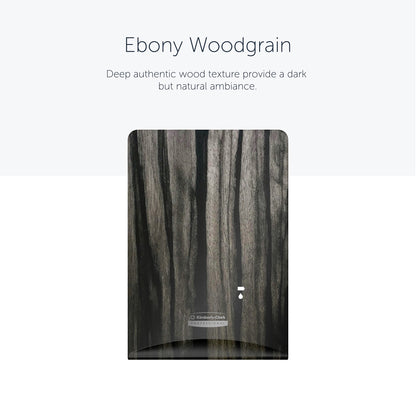 The Kimberly-Clark Professional™ Icon™ dispenser faceplate from Kimberly-Clark GmbH in "Ebony Woodgrain" features vertical dark and light stripes, giving any washroom a natural yet sophisticated look. Size: 20.32 x 27.30 x 3.81 cm.
