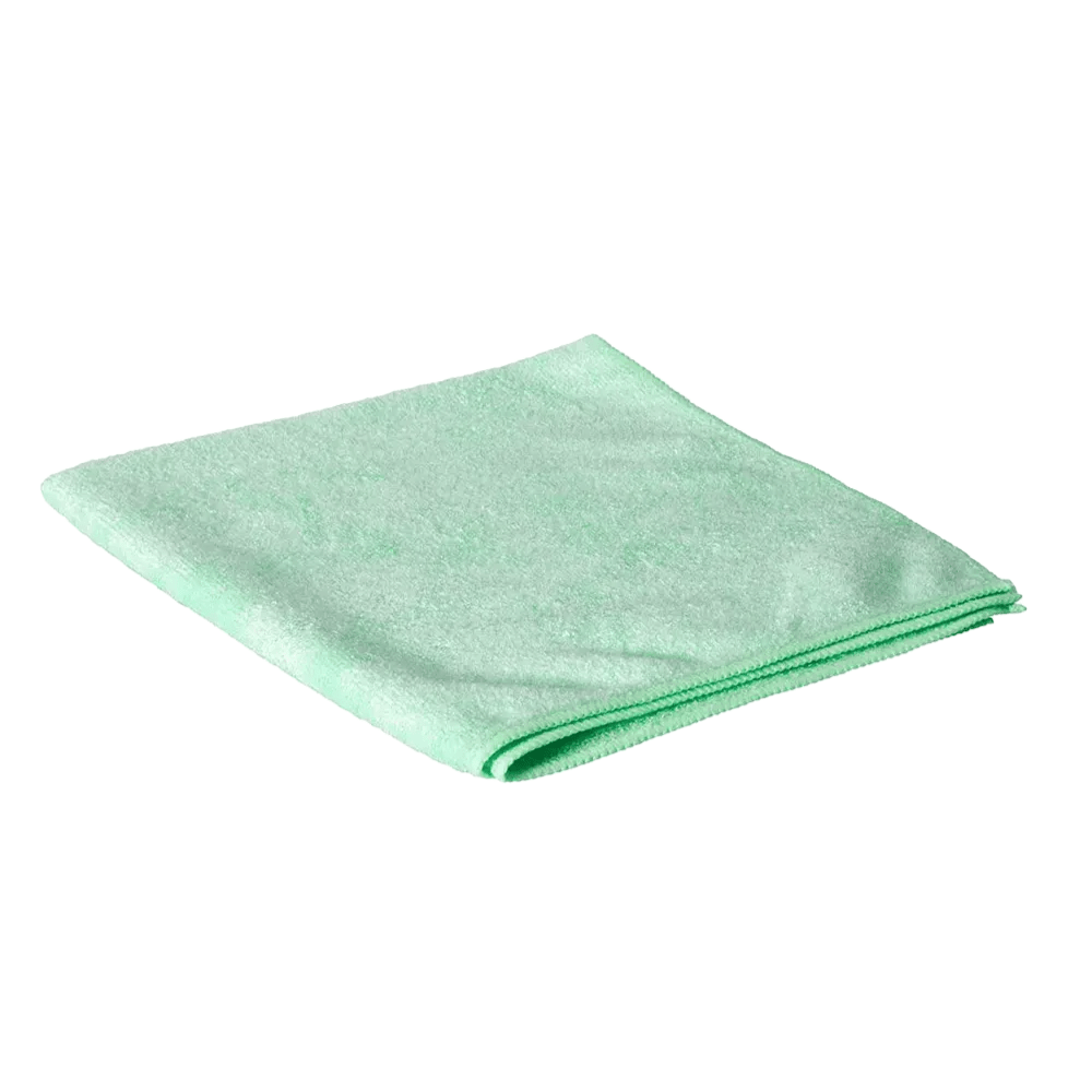 On a white background lies a neatly folded square AMPri Clean Comfort microfiber cloth 40 x 40 from AMPri Handelsgesellschaft mbH.