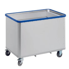 The Novocal spring base trolley - without insert | Package (1 piece) from Novocal is a large gray equipment trolley with four swivel casters and a blue protective edge, ideal for efficient warehouse logistics and goods transport in an industrial environment.