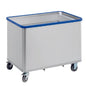 The Novocal spring base trolley - without insert | Package (1 piece) from Novocal is a large gray equipment trolley with four swivel casters and a blue protective edge, ideal for efficient warehouse logistics and goods transport in an industrial environment.