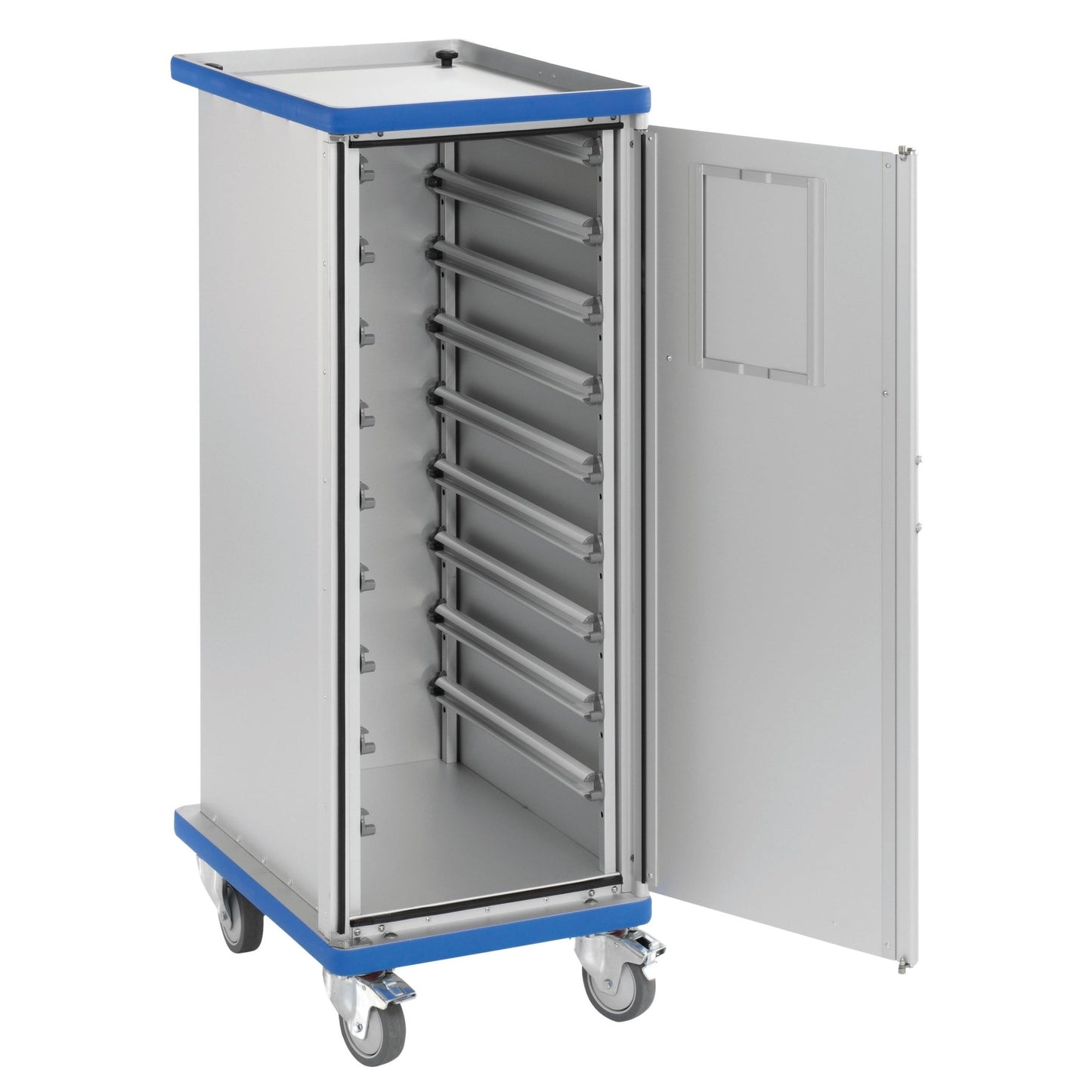 The Novocal closed module cart features two doors with bolt locks, a robust construction made of anodized aluminum, and is ideal for safe and efficient storage or transport.