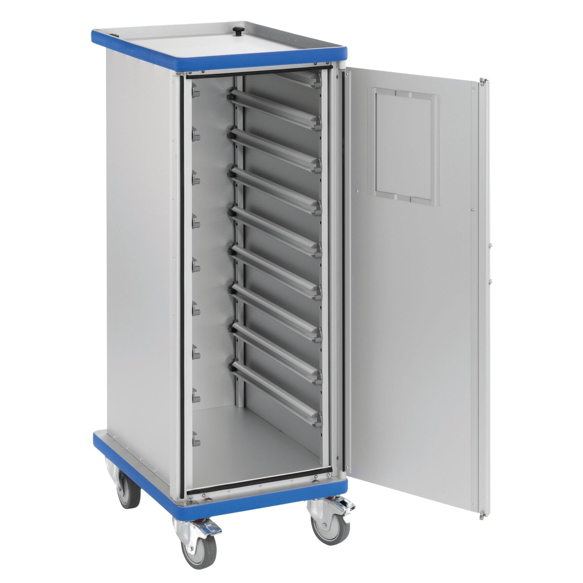 The Novocal closed module cart features two doors with bolt locks, a robust construction made of anodized aluminum, and is ideal for safe and efficient storage or transport.