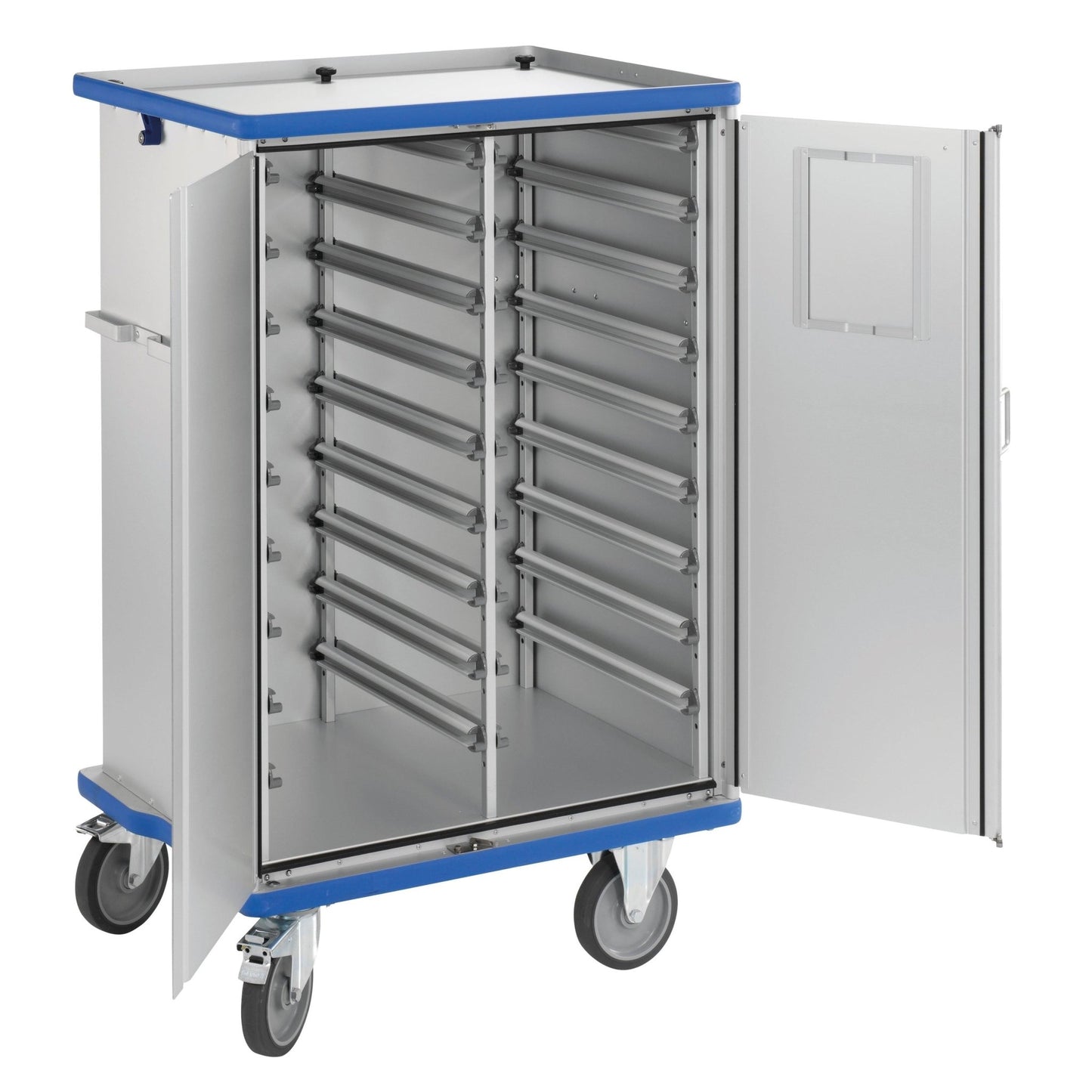 The Novocal Closed Module Cart made of anodized aluminum features 2 doors with latch lock, horizontal inserts, four large wheels, and blue bumpers. Ideal for material storage.