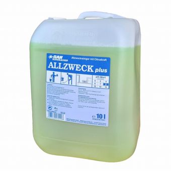 A transparent 10-liter canister of GastroPower GV All-Purpose Cleaner (Abena Re-Seller GmbH), filled with yellow-green liquid, has a white lid and a label with pictograms, German text, and environmentally friendly instructions for use in gastronomy.