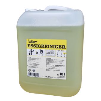 The 10L GastroPower vinegar cleaner from Abena Re-Seller GmbH comes in a transparent container with a white lid and a yellow label, ideal for kitchen cleaning. The label contains instructions, safety symbols, information about lime deposits, and a pH chart.