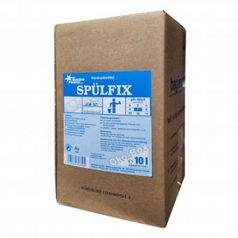 A brown cardboard box labeled "GastroPower Spülfix" from Abena Re-Seller GmbH contains 10 x 1-liter packages of hand dishwashing detergent with blue-white labeling and instructions for use in large kitchens.