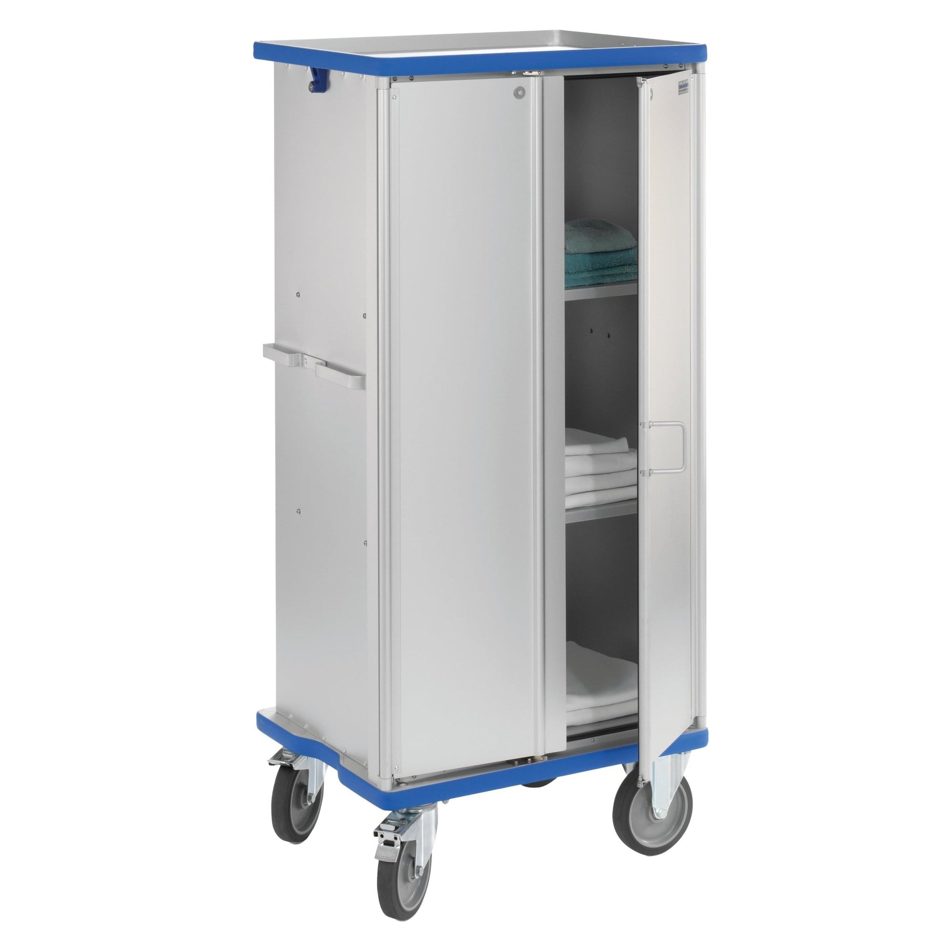The Novocal cabinet cart is an anodized all-purpose cart made of aluminum with two hinged doors that can rotate 270°, blue decorative trims at the top and bottom, large wheels, and shelves inside for towels and bed linen. Brand: Novocal. Package: 1 piece.
