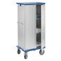 The Novocal cabinet cart is an anodized all-purpose cart made of aluminum with two hinged doors that can rotate 270°, blue decorative trims at the top and bottom, large wheels, and shelves inside for towels and bed linen. Brand: Novocal. Package: 1 piece.