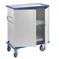 The Novocal cabinet trolley is an aluminum cart with a blue trim, 270° swing doors, side handles, and four castors - one door can be partially opened, revealing folded white laundry on the interior shelf.