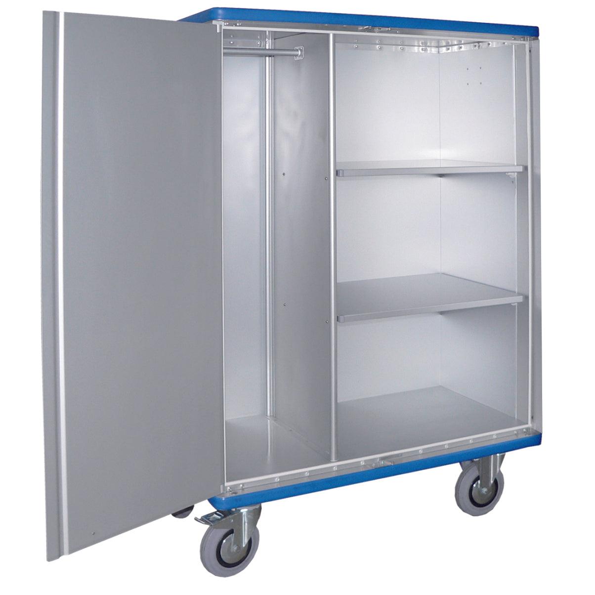 The Novocal cabinet trolley made of anodized aluminum offers flexible storage for materials with 2 doors that can be swung 270°, a hanging rod on the left, and two adjustable shelves on the right. Package: 1 piece.