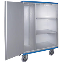 The Novocal cabinet trolley made of anodized aluminum offers flexible storage for materials with 2 doors that can be swung 270°, a hanging rod on the left, and two adjustable shelves on the right. Package: 1 piece.