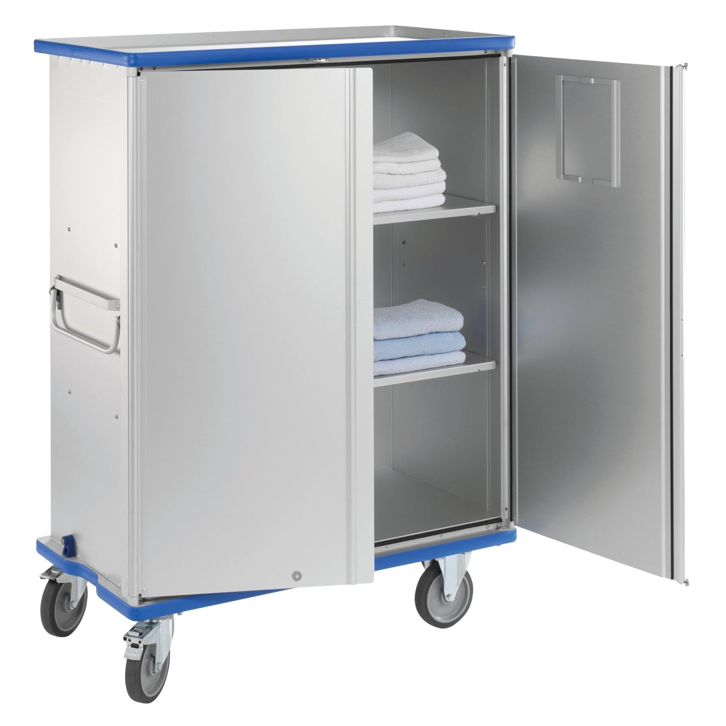 A Novocal cabinet trolley made of anodized aluminum with two 270° swiveling wing doors, side handles, central lock, and four wheels shows two shelves with folded white and blue towels.