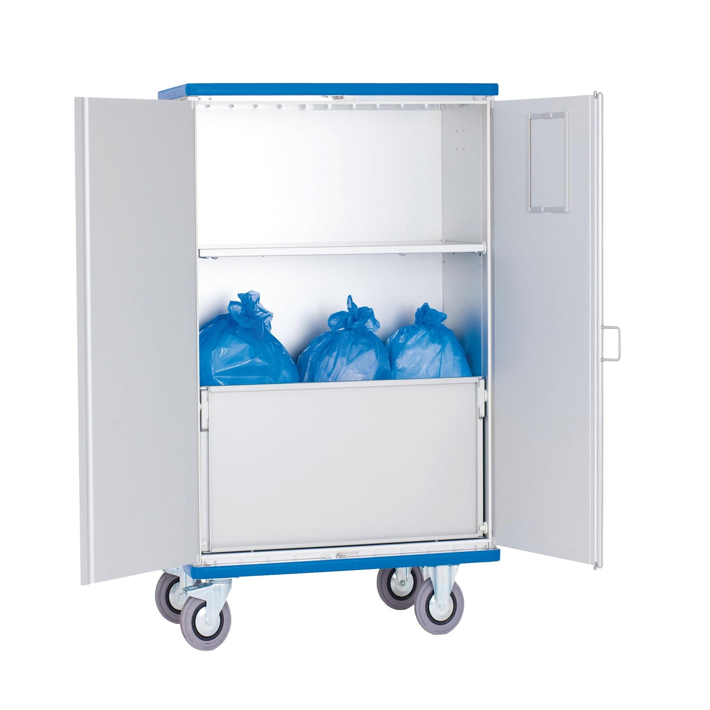 The Novocal cabinet trolley made of anodized aluminum with 270° swivel wing doors and a middle shelf offers organized storage and transport. Four gray wheels and a blue lid complete the practical professional cabinet trolley.