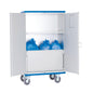 The Novocal cabinet trolley made of anodized aluminum with 270° swivel wing doors and a middle shelf offers organized storage and transport. Four gray wheels and a blue lid complete the practical professional cabinet trolley.