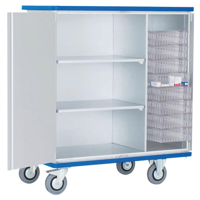 The Novocal cabinet trolley made of anodized aluminum with two 270° swiveling wing doors offers flexible storage - ideal for medical facilities, thanks to the central lock and smooth-running casters.