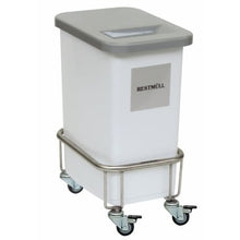 A white, rectangular Novocal waste container with the label "RESTMÜLL" and a gray lid is mounted on a Novocal recycling collector chassis with four swivel casters, two of which have brakes.