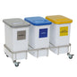 The Novocal recyclable material collector chassis, triple collector made of stainless steel offers three plastic containers with colored lids (Gray: residual waste, Blue: paper, Yellow: lightweight packaging), each with labeling and a deposit slot.