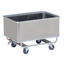 The Novocal transport container is a rectangular aluminum, waterproof cart with four blue swivel castors and a drain valve, ideal for the industrial or commercial safe handling of liquids. Packaging: 1 piece. Brand: Novocal.