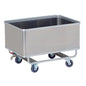 The Novocal transport container is a rectangular aluminum, waterproof cart with four blue swivel castors and a drain valve, ideal for the industrial or commercial safe handling of liquids. Packaging: 1 piece. Brand: Novocal.