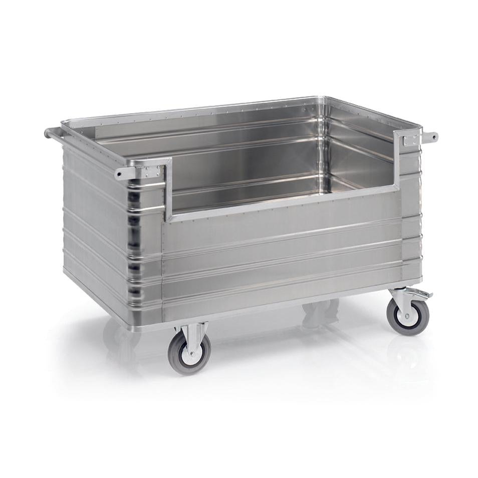 The Novocal transport container with side wall cutout from Novocal is a large, rectangular container made of Material A with ribbed sides, an open front panel, and four swivel casters. Delivered as a single piece (1 piece).