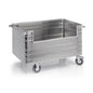The Novocal transport container with side wall cutout from Novocal is a large, rectangular container made of Material A with ribbed sides, an open front panel, and four swivel casters. Delivered as a single piece (1 piece).