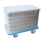 A Novocal transport container made of aluminum with a hinged lid, all-around impact protection, and two locks, mounted on a blue rolling base for easy mobility.