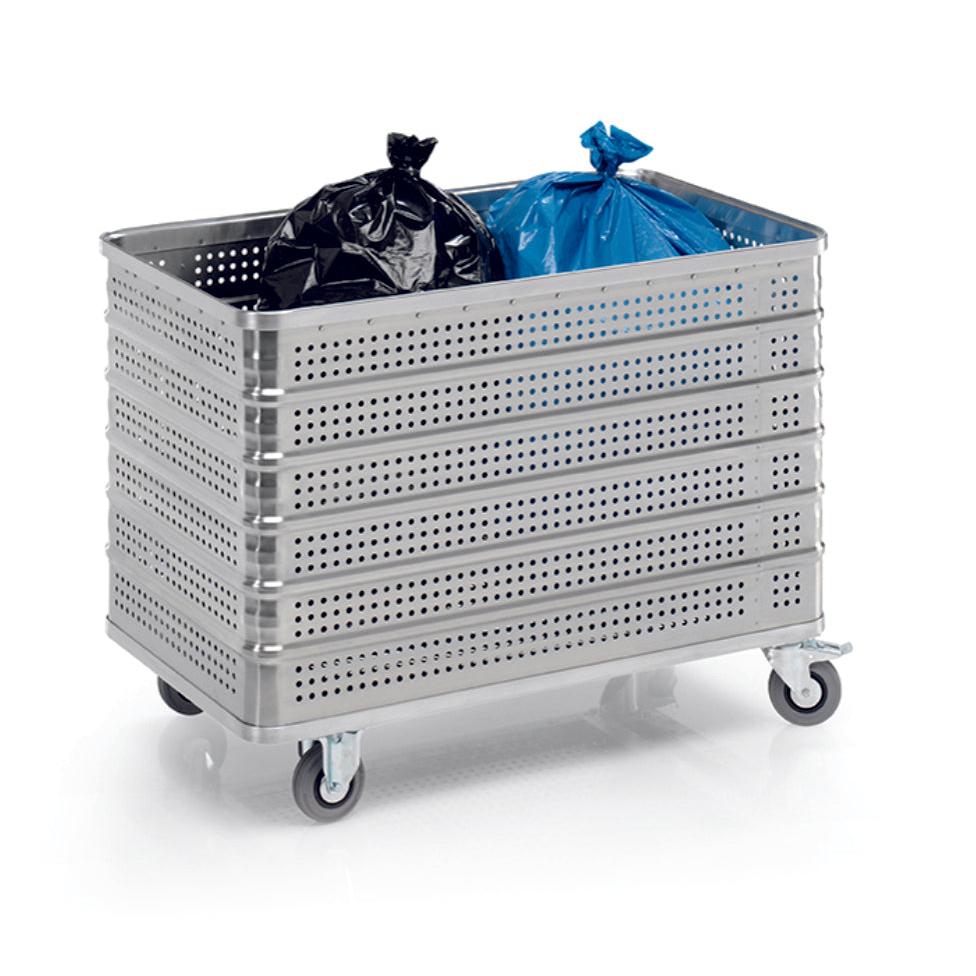 A Novocal transport container made of aluminum with a volume of 430 L, equipped with 2 fixed and 2 swivel castors (Ø125), contains one black and one blue garbage bag. The industrial cart is photographed against a white background.