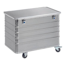 The Novocal transport container made of aluminum with a volume of 322 l features a hinged lid, two locks, and four castors (2 fixed & 2 swivel, Ø100 mm) for secure storage and easy mobility. Brand: Novocal.