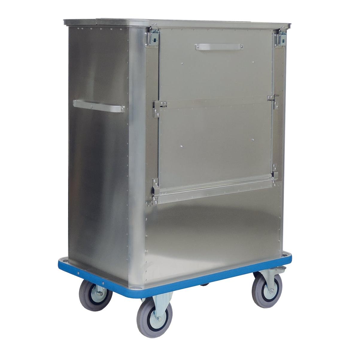 The Novocal transport container made of aluminum with a foldable front wall, hinged lid, and handles offers secure goods transport in industry or medicine; the robust cart has four swivel casters and a blue base. Package: 1 piece.