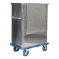 The Novocal transport container made of aluminum with a foldable front wall, hinged lid, and handles offers secure goods transport in industry or medicine; the robust cart has four swivel casters and a blue base. Package: 1 piece.