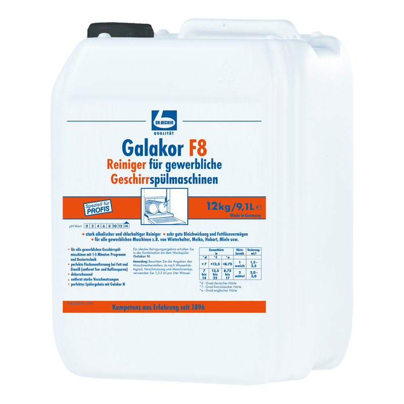 A white 12-kg plastic canister with Dr. Becher Galakor F8 cleaner for commercial dishwashers from Dr. Becher GmbH with a blue screw cap, German product label, and dosing table on the front.