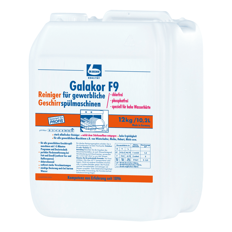 A white 12-kg plastic canister from Dr. Becher GmbH labeled "Dr. Becher Galakor F9 Dish Cleaner", with product information and instructions in German for commercial dishwashers printed on the front.