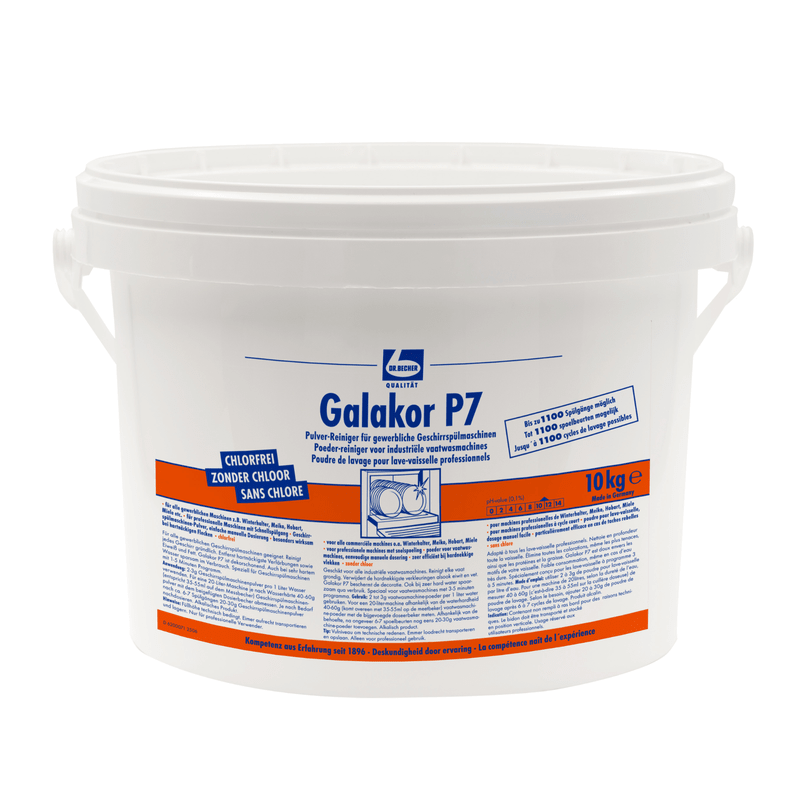 A white 10 kg plastic bucket with a handle and the label "Dr. Becher Galakor P7 Powder Cleaner" from Dr. Becher GmbH is equipped with a multilingual label in the colors blue, red, and black for chlorine-free commercial dishwashing detergent.