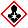 Eine schwarze, umgedrehte Tropfenform liegt auf einem roten achtzackigen Stern mit gezackten Kanten. Der rote Stern steht auf einem weißen Hintergrund.
