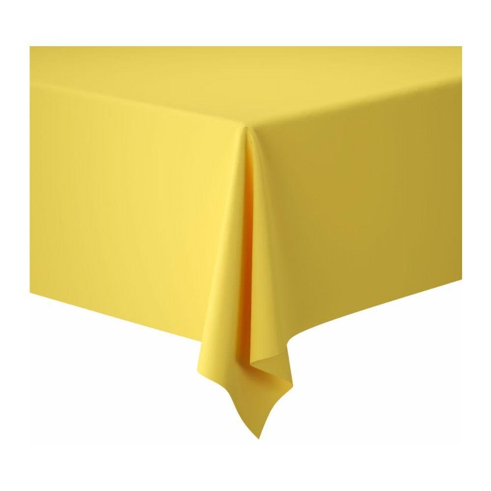 A Dunicel tablecloth roll tablecloth (1.18 m x 10 m) from Duni GmbH in yellow covers a table corner, the smooth fabric falls evenly on both sides - perfect for weddings, banquets, corporate events - against a white background.