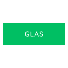 The Novocal Colored Recycling Sticker small (1 piece) shows a green rectangle with "GLAS" in white capital letters in the center, ideal for waste separation. The area outside the rectangle has a white background.