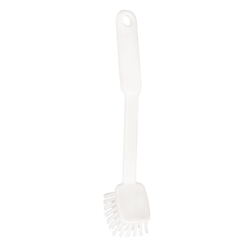 The Haug Bürsten KG SINK BRUSH RECTANGULAR features a white, rectangular brush head made of Nylon 6.6 (ø 0.40 mm, medium), a robust plastic design, and a long handle with a hanging hole (240 x 40 x 22 mm).