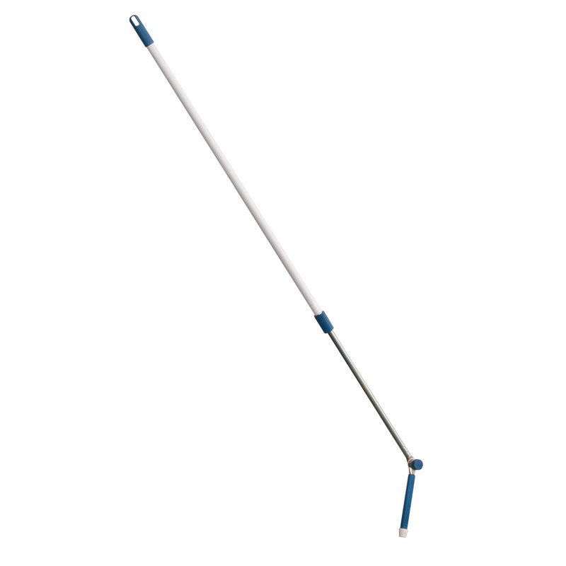 The TELESCOPIC HANDLE, STEEL TUBE WHITE WITH ANGLE JOINT, EXT. 2000MM from Haug Bürsten KG is a long-handled cleaning tool with an adjustable steel handle and angled joint - perfect for reaching and cleaning narrow or hard-to-reach areas.