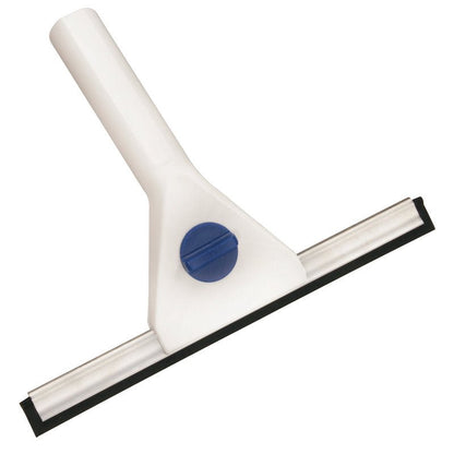 The WINDOW CLEANER, WHITE WITH SPECIAL RUBBER LIP from Haug Bürsten KG with a white body, black special rubber lip, and blue central adjustment knob - on a white background - is ideal for streak-free cleanliness.