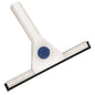 The WINDOW CLEANER, WHITE WITH SPECIAL RUBBER LIP from Haug Bürsten KG with a white body, black special rubber lip, and blue central adjustment knob - on a white background - is ideal for streak-free cleanliness.