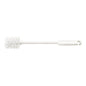 The Haug Bürsten KG BABY BOTTLE BRUSH, NYLON 6.6 WHITE, ø0.30MM MEDIUM, 320Xø50MM is a white bottle brush with a long handle and nylon bristles for cleaning baby bottles or narrow containers. A hanging hole is included; depicted on a plain white background.